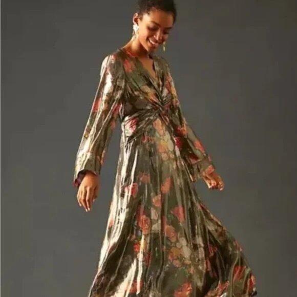 Cleobella Metallic Floral Maxi Dress Twist Front Long Sleeve Evening Gown LP - Picture 1 of 15
